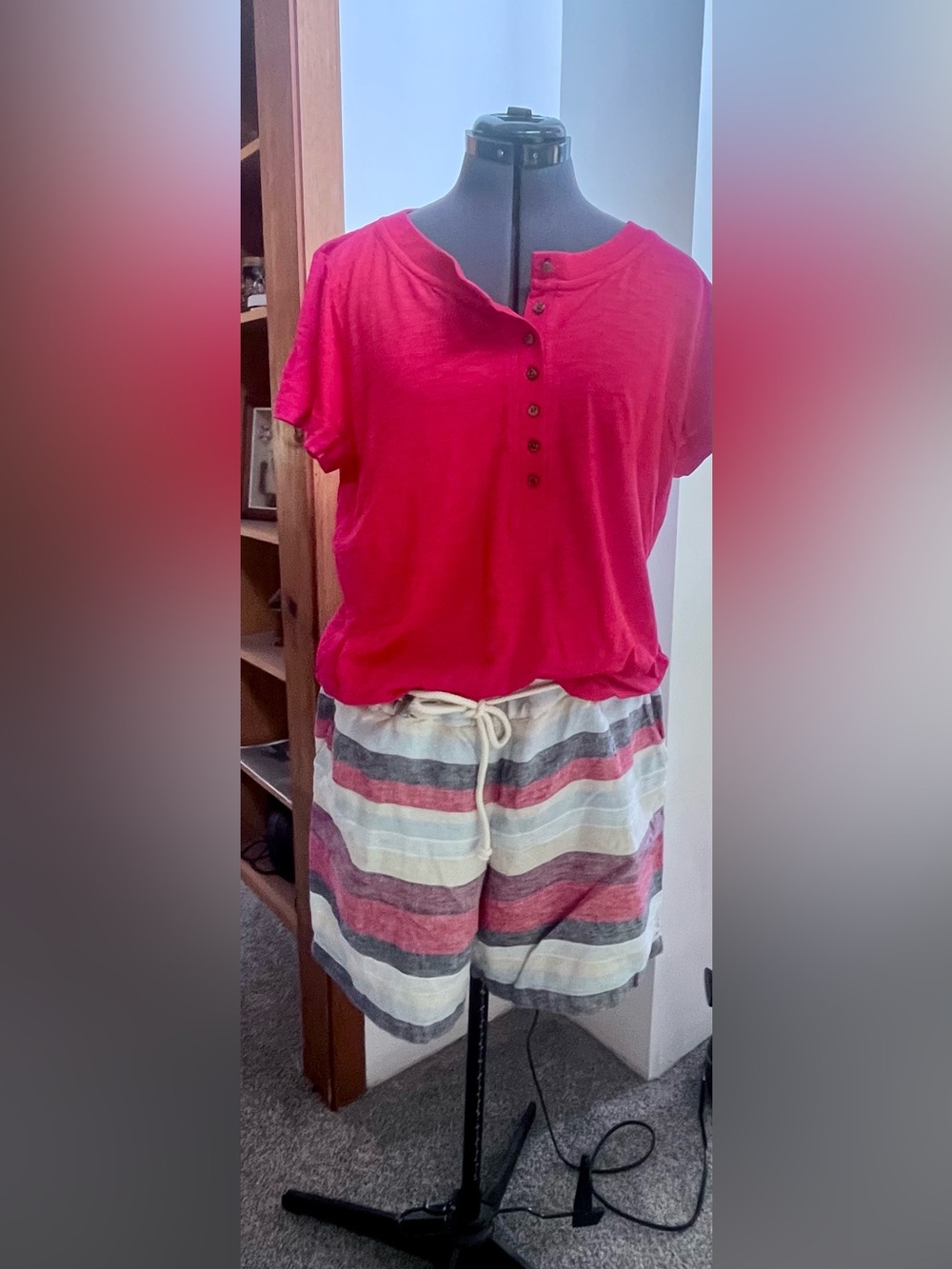 Striped Drawstring Shorts in Red, White, and Blues.